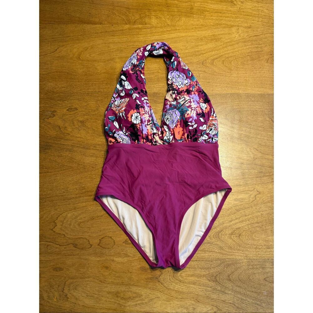 Sea Angel Women's Floral Plunge Criss Cross Back One-Piece Swimsuit Purple Sz XL
